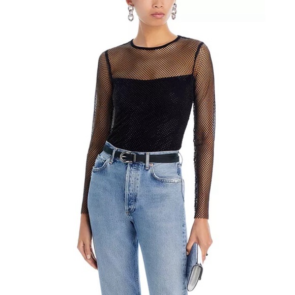 Aqua Tops - Aqua Crystal Mesh Long Sleeve Top in Black Size L (NWT)